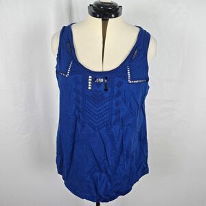DKNY Tank Top Women's XL Blue Sleeveless Wide Straps Embordered Aztec